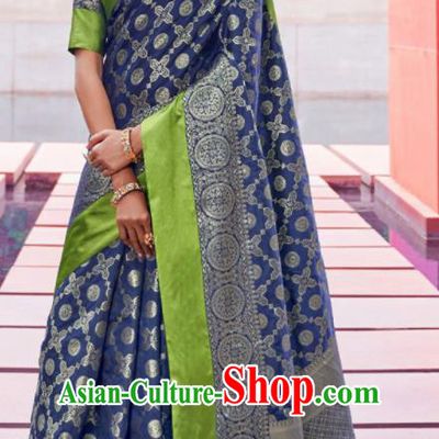 Asian Indian Festival Royalblue Silk Sari Dress India Bollywood Traditional Court Costumes for Women