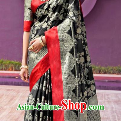 Asian Indian Festival Black Silk Sari Dress India Bollywood Traditional Court Costumes for Women