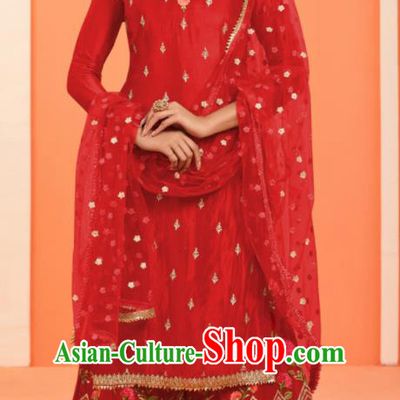 Asian Indian Embroidered Red Faux Georgette Blouse and Pants India Traditional Lehenga Choli Costumes Complete Set for Women