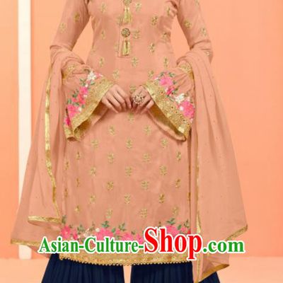 Asian Indian Embroidered Pink Faux Georgette Blouse and Navy Pants India Traditional Lehenga Choli Costumes Complete Set for Women