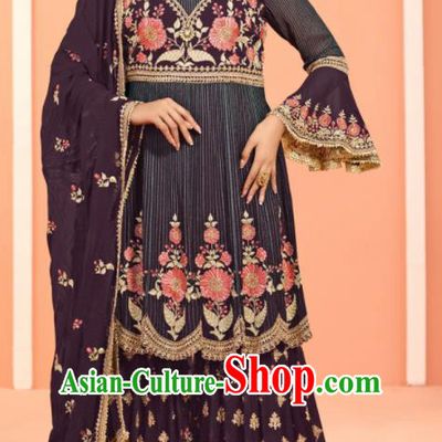 Asian Indian Embroidered Deep Purple Faux Georgette Blouse and Pants India Traditional Lehenga Choli Costumes Complete Set for Women
