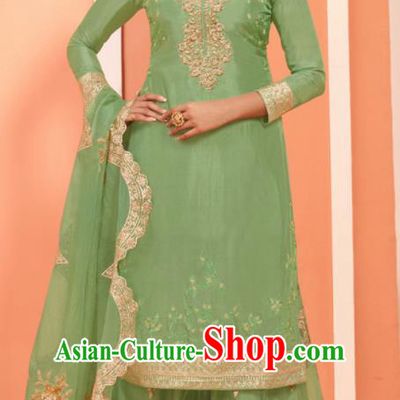 Asian Indian Embroidered Green Faux Georgette Blouse and Pants India Traditional Lehenga Choli Costumes Complete Set for Women