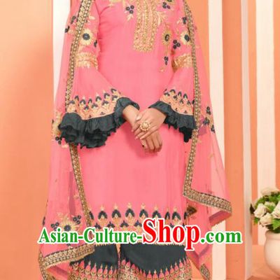 Asian Indian Embroidered Faux Georgette Pink Blouse and Grey Pants India Traditional Lehenga Choli Costumes Complete Set for Women