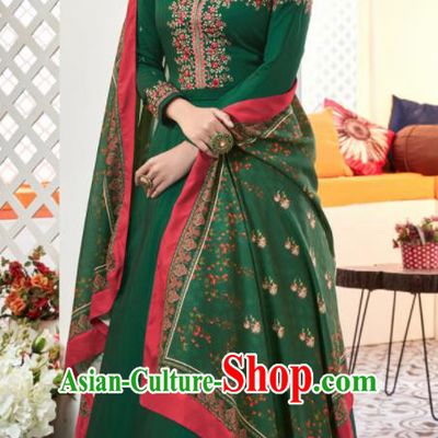 Asian Indian Festival Embroidered Deep Green Taffeta Dress India Bollywood Traditional Lehenga Court Costumes for Women