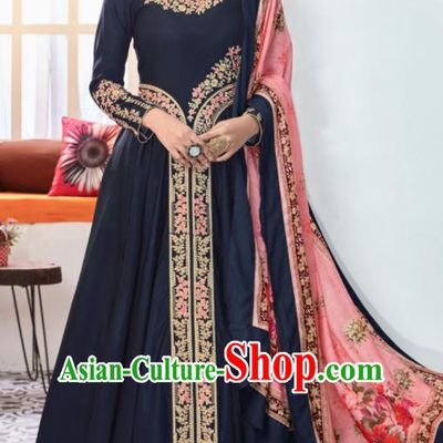 Asian Indian Festival Embroidered Navy Taffeta Dress India Bollywood Traditional Lehenga Court Costumes for Women