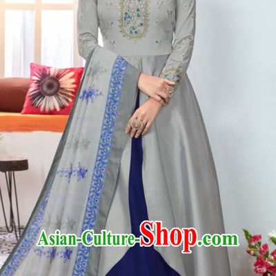Asian Indian Festival Embroidered Grey Taffeta Dress India Bollywood Traditional Lehenga Court Costumes for Women