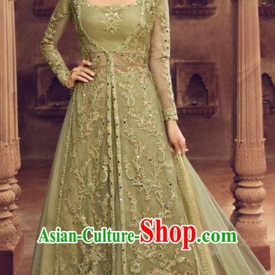 Asian Indian Festival Light Green Embroidered Dress India Bollywood Traditional Lehenga Court Costumes for Women