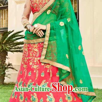 Asian Indian Bollywood Embroidered Red Cotton Silk Dress India Traditional Festival Lehenga Court Costumes for Women