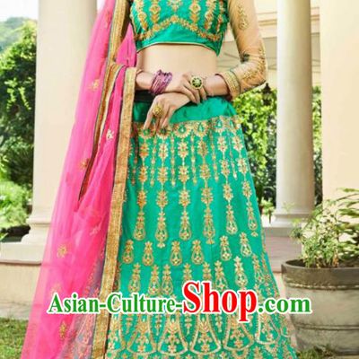 Asian Indian Bollywood Embroidered Light Green Cotton Silk Dress India Traditional Festival Lehenga Court Costumes for Women