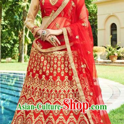 Asian Indian Bollywood Embroidered Wedding Red Cotton Silk Dress India Traditional Festival Lehenga Court Costumes for Women