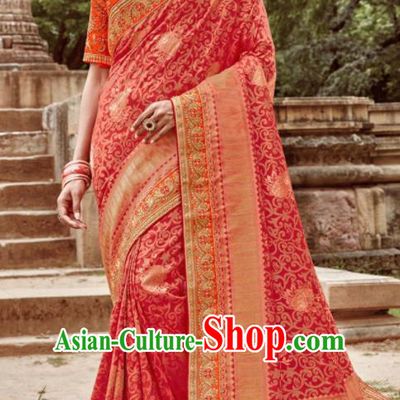 Asian Indian Bollywood Bride Embroidered Red Sari Dress India Traditional Court Wedding Costumes for Women