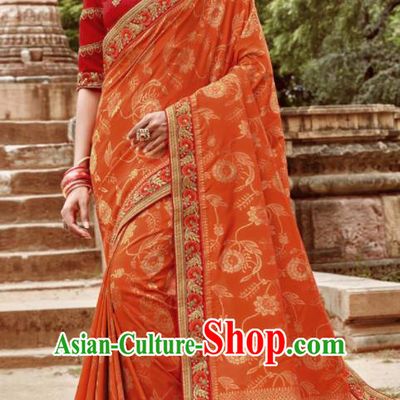 Asian Indian Bollywood Bride Embroidered Orange Sari Dress India Traditional Court Wedding Costumes for Women