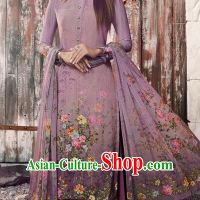 Asian Indian Traditional Printing Purple Crepe Blouse and Pants India Punjabis Lehenga Choli Costumes Complete Set for Women