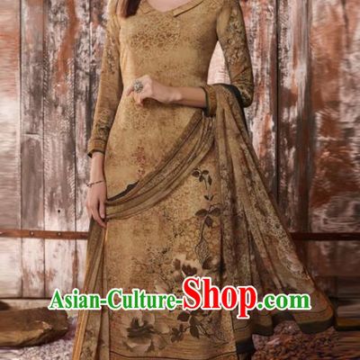 Asian Indian Traditional Printing Brown Crepe Blouse and Pants India Punjabis Lehenga Choli Costumes Complete Set for Women