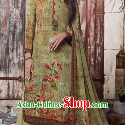 Asian Indian Traditional Printing Olive Green Crepe Blouse and Pants India Punjabis Lehenga Choli Costumes Complete Set for Women