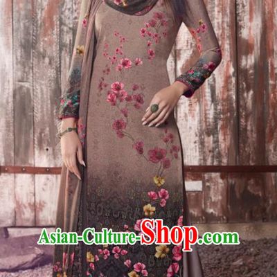 Asian Indian Traditional Printing Deep Brown Crepe Blouse and Pants India Punjabis Lehenga Choli Costumes Complete Set for Women