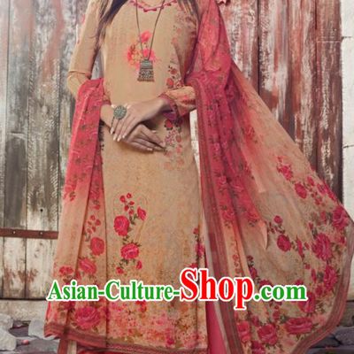 Asian Indian Traditional Printing Ginger Crepe Blouse and Pants India Punjabis Lehenga Choli Costumes Complete Set for Women