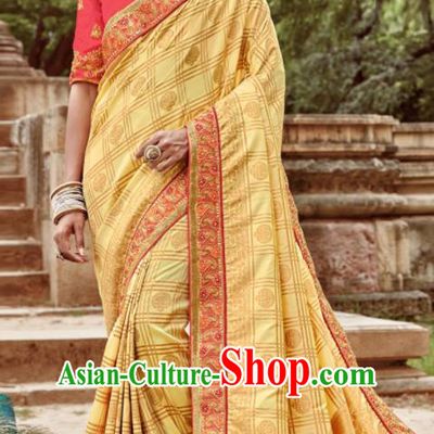 Asian Indian Bollywood Bride Embroidered Yellow Sari Dress India Traditional Court Wedding Costumes for Women