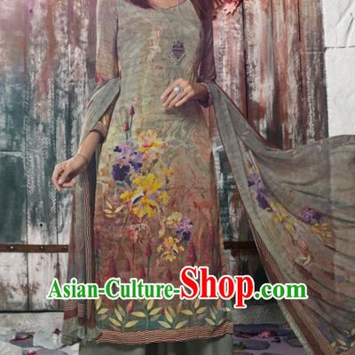 Asian Indian Traditional Printing Green Crepe Blouse and Pants India Punjabis Lehenga Choli Costumes Complete Set for Women
