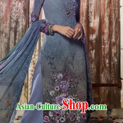 Asian Indian Traditional Printing Blue Crepe Blouse and Pants India Punjabis Lehenga Choli Costumes Complete Set for Women