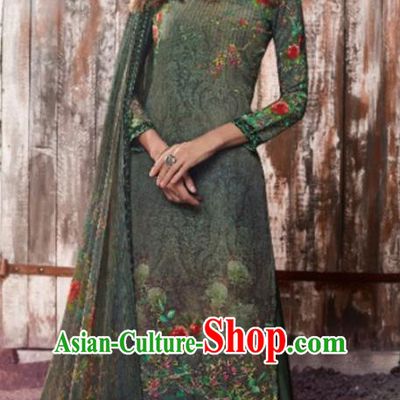 Asian Indian Traditional Printing Atrovirens Crepe Blouse and Pants India Punjabis Lehenga Choli Costumes Complete Set for Women