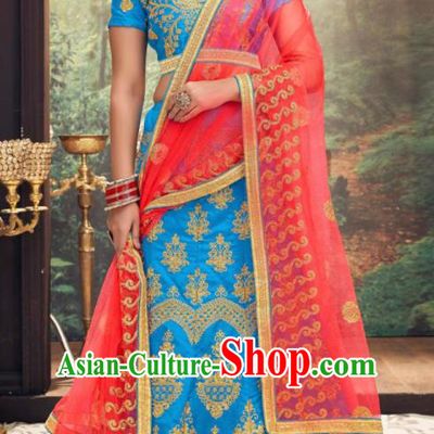Asian Indian National Wedding Lehenga Blue Embroidered Dress India Bollywood Traditional Costumes for Women