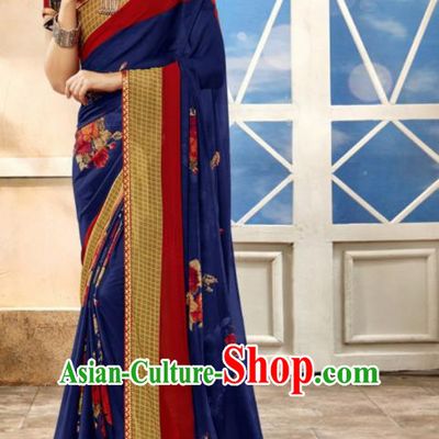 Asian Indian National Lehenga Printing Royalblue Georgette Sari Dress India Bollywood Traditional Costumes for Women