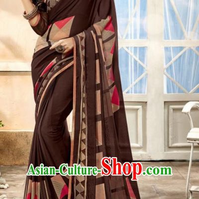Asian Indian National Lehenga Printing Brown Georgette Sari Dress India Bollywood Traditional Costumes for Women