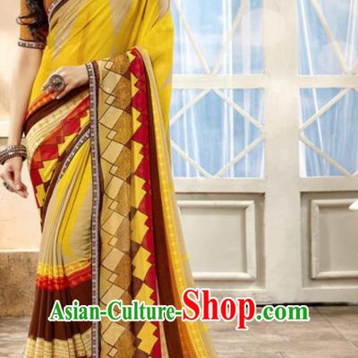 Asian Indian National Lehenga Printing Yellow Georgette Sari Dress India Bollywood Traditional Costumes for Women