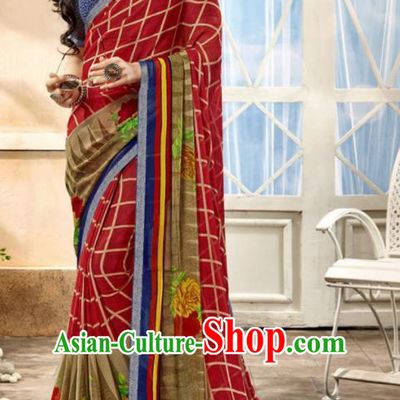 Asian Indian National Lehenga Printing Purplish Red Georgette Sari Dress India Bollywood Traditional Costumes for Women