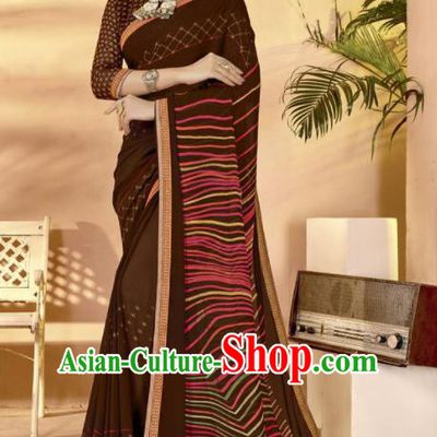 Deep Brown Georgette Asian Indian National Lehenga Printing Sari Dress India Bollywood Traditional Costumes for Women