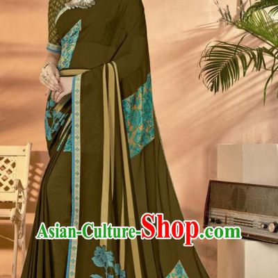 Olive Green Georgette Asian Indian National Lehenga Printing Sari Dress India Bollywood Traditional Costumes for Women