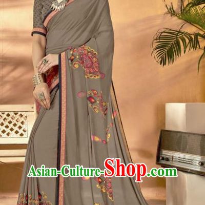 Grey Georgette Asian Indian National Lehenga Printing Sari Dress India Bollywood Traditional Costumes for Women