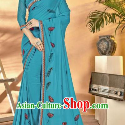Blue Georgette Asian Indian National Lehenga Printing Sari Dress India Bollywood Traditional Costumes for Women