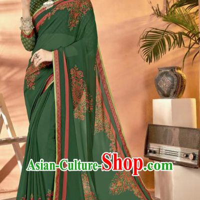 Green Georgette Asian Indian National Lehenga Printing Sari Dress India Bollywood Traditional Costumes for Women