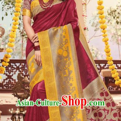 Wine Red Cotton Asian Indian National Lehenga Sari Dress India Bollywood Traditional Costumes for Women