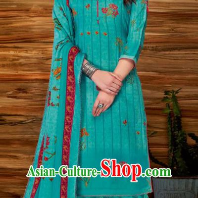 Asian Indian Bollywood Traditional Lake Blue Pashmina Blouse and Pants India Punjabis Lehenga Choli Costumes Complete Set for Women