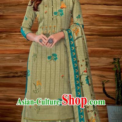Asian Indian Bollywood Traditional Olive Green Pashmina Blouse and Pants India Punjabis Lehenga Choli Costumes Complete Set for Women