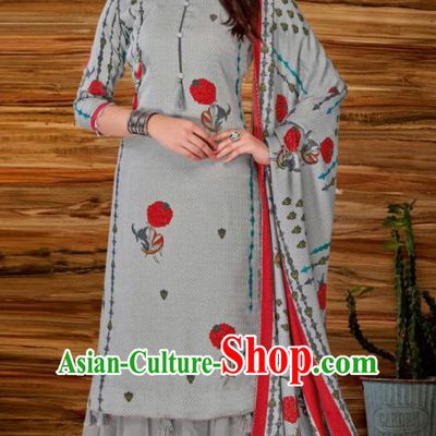 Asian Indian Bollywood Traditional Grey Pashmina Blouse and Pants India Punjabis Lehenga Choli Costumes Complete Set for Women