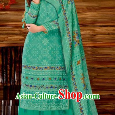 Asian Indian Bollywood Traditional Green Pashmina Blouse and Pants India Punjabis Lehenga Choli Costumes Complete Set for Women