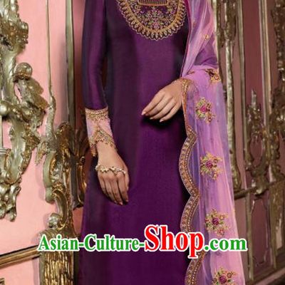 Asian Indian Punjabis Embroidered Purple Satin Blouse and Pants India Traditional Lehenga Choli Costumes Complete Set for Women