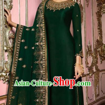 Asian Indian Punjabis Embroidered Deep Green Satin Blouse and Pants India Traditional Lehenga Choli Costumes Complete Set for Women