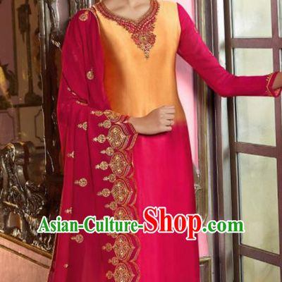 Asian Indian Punjabis Embroidered Rosy Satin Blouse and Pants India Traditional Lehenga Choli Costumes Complete Set for Women