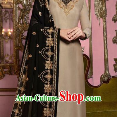 Asian Indian Punjabis Embroidered Khaki Satin Blouse and Pants India Traditional Lehenga Choli Costumes Complete Set for Women