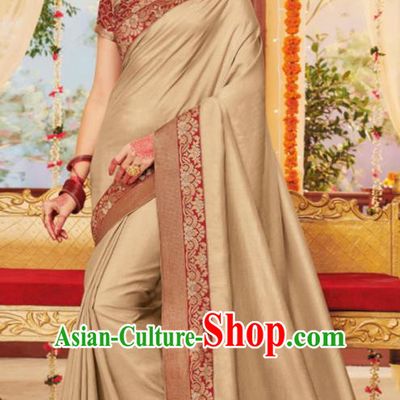 Asian Traditional Indian Festival Khaki Silk Sari Dress India National Lehenga Bollywood Costumes for Women