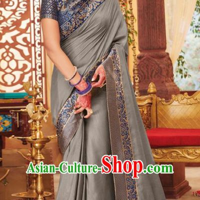 Asian Traditional Indian Festival Grey Silk Sari Dress India National Lehenga Bollywood Costumes for Women