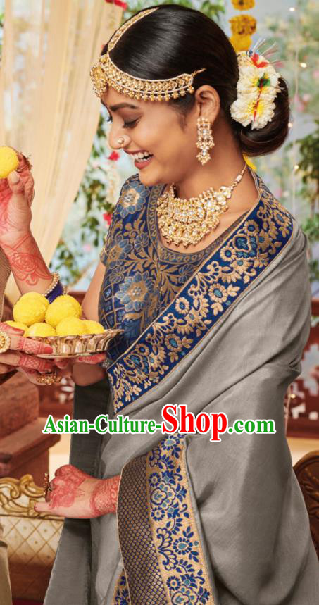 Asian Traditional Indian Festival Grey Silk Sari Dress India National Lehenga Bollywood Costumes for Women Asian Traditional Indian Festival Grey Silk Sari Dress India National Lehenga Bollywood Costumes for Women