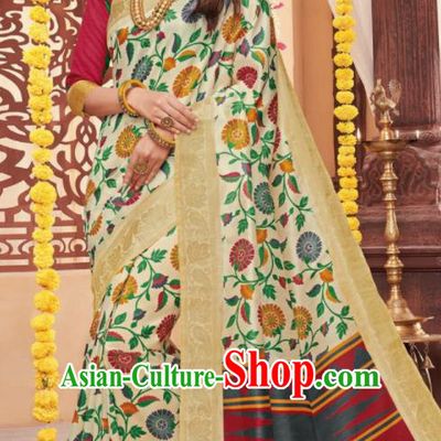 Asian Traditional Indian National Beige Cotton Sari Dress India Lehenga Bollywood Costumes for Women
