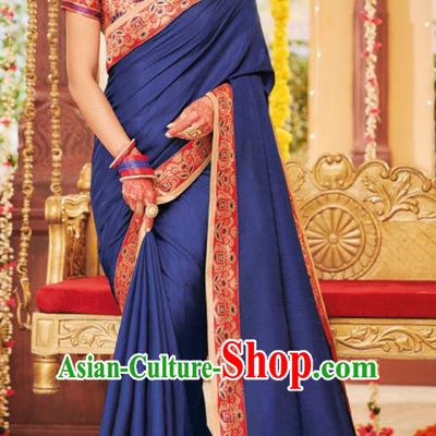 Asian Traditional Indian Festival Royalblue Silk Sari Dress India National Lehenga Bollywood Costumes for Women