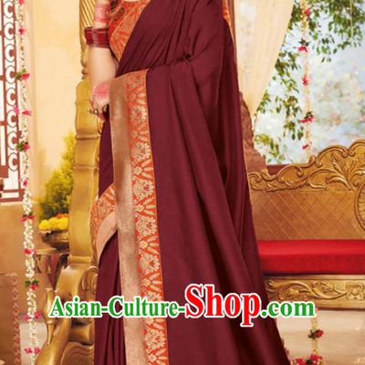 Asian Traditional Indian Festival Wine Red Silk Sari Dress India National Lehenga Bollywood Costumes for Women